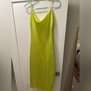 Lime Green Satin Cowl Neck Midi Dress with Slit